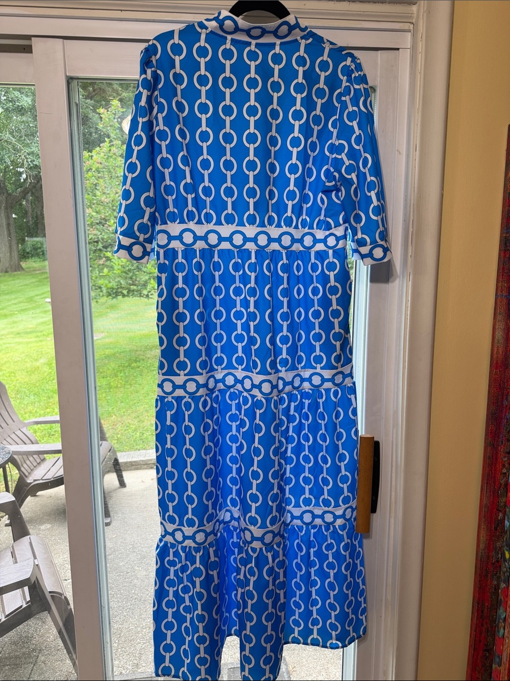 Bright Blue/White Chain-Print Tiered Lightweight Maxi Dress, Large - Picture 6 of 7